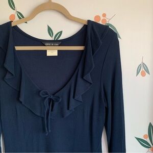 Esprit Ruffle Key Hole Scoop Neck Tie Navy Blue Long Sleeve Mini Dress